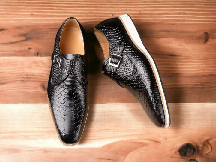 Python Print Leather Shoes, Black Monk Elegant Retro Shoes For Men