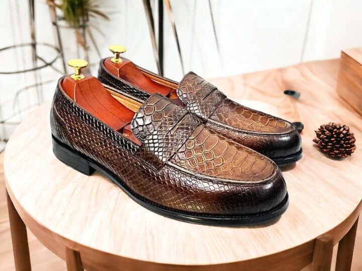 Men's Classic Vintage Penny Loafers Shoes, Luxury Python Texture Shoes