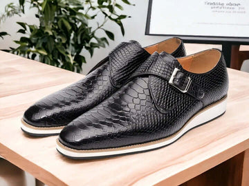 Python Print Leather Shoes, Black Monk Elegant Retro Shoes For Men