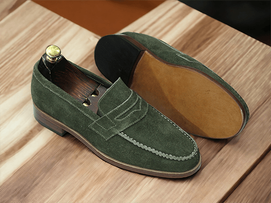 Handmade Men's Olive Green Suede Penny Loafer Shoes, Slip On Casual Shoes