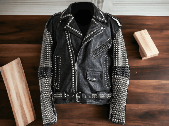 Awesome Mens Black Punk Studded jakcet Real Leather Silver Spiked Fashion Jacket