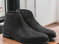 These Men Black Wowen Leather Boots are handmade, giving them a unique and stylish look. High-quality leather makes these boots durable and comfortable to wear for long periods of time, perfect for any occasion.