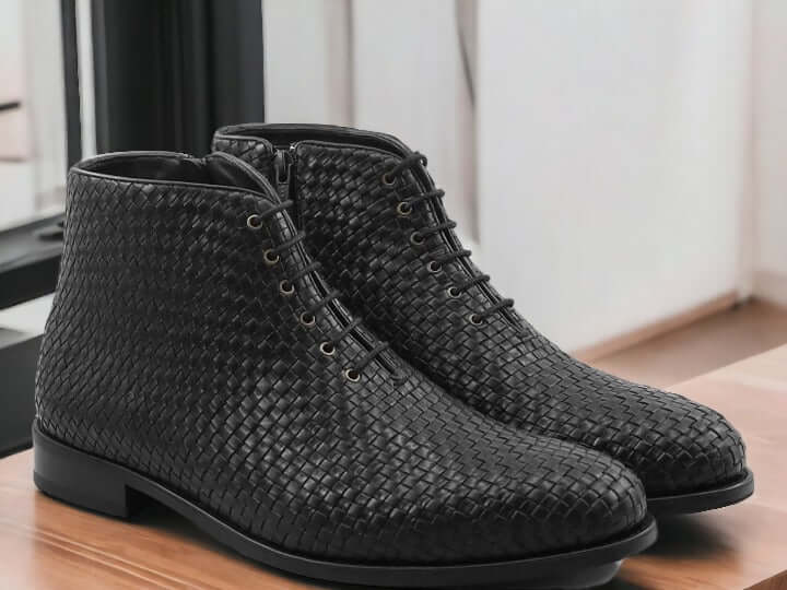 These Men Black Wowen Leather Boots are handmade, giving them a unique and stylish look. High-quality leather makes these boots durable and comfortable to wear for long periods of time, perfect for any occasion.