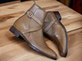 Handmade Men's Genuine Brown Leather Ankle Buckle Strap Formal Leather Boot