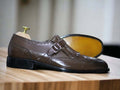 Men's Dark Brown Fringe Buckle Leather Shoes, Wing Tip Brogue Shoes For Men's