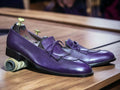 Handmade Men's Purple Fringe Leather Shoes, Men's Shoes, Slip On Moccasin Loafer Shoes