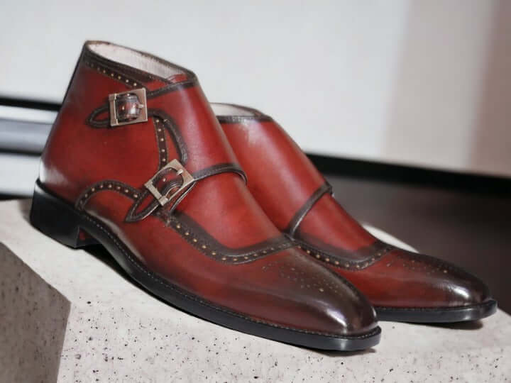 Handmade Men Genuine Cow-Hide Leather Burgundy, Men's Double Buckle Boots,