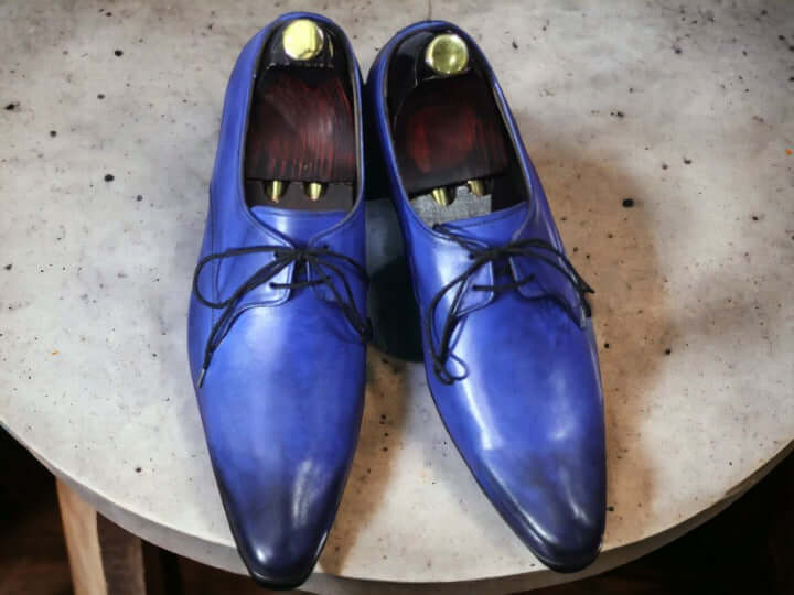 Handmade Men's Pointed Toe Shoes, Blue Stylish Shoes, Lace Up Party Shoes, Bespoke Shoe