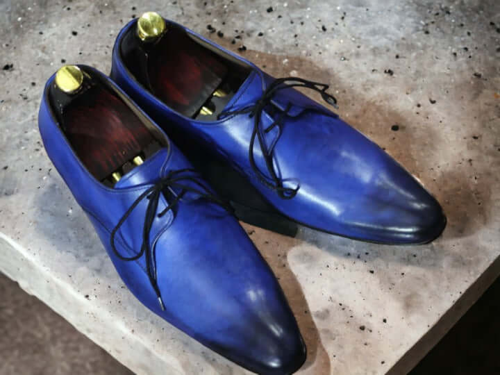 Handmade Men's Pointed Toe Shoes, Blue Stylish Shoes, Lace Up Party Shoes, Bespoke Shoe