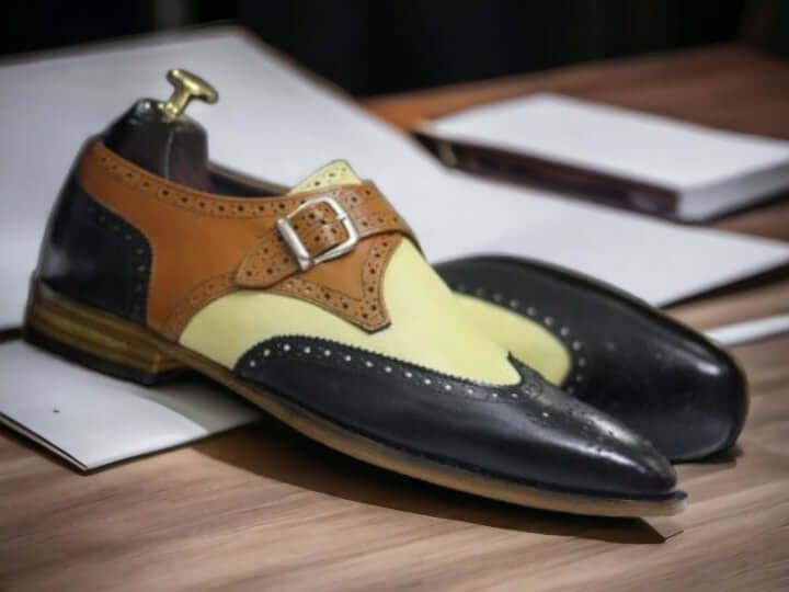 Bespoke Multi-Colour Leather Wingtip Buckle-Up Shoes, Men's Monk Strap Dress Shoes