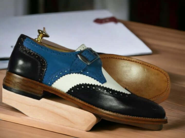 Bespoke Multi-Colour Leather Wingtip Buckle-Up Shoes, Men's Monk Strap Dress Shoes - Luxury Shelfs