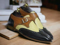 Bespoke Multi-Colour Leather Wingtip Buckle-Up Shoes, Men's Monk Strap Dress Shoes