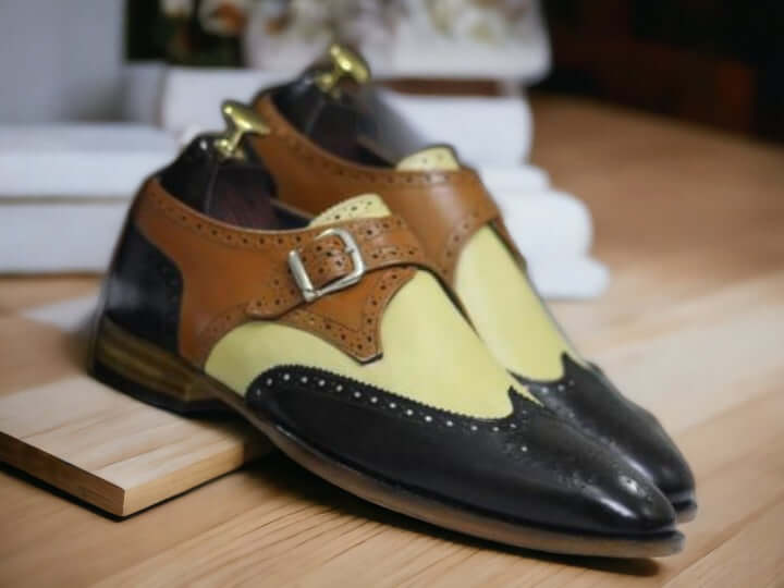 Bespoke Multi-Colour Leather Wingtip Buckle-Up Shoes, Men's Monk Strap Dress Shoes