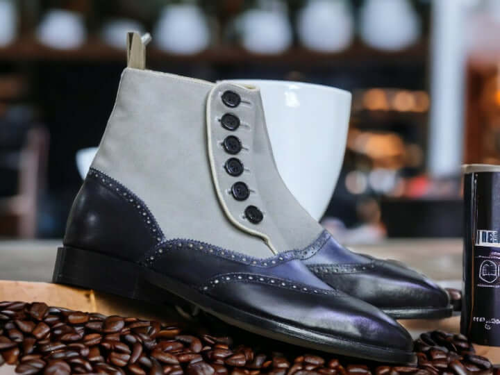 Men Handmade Button Top Boots, Two Tone Leather Boots, Blue Gray Boots