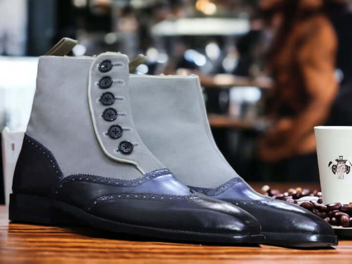 Men Handmade Button Top Boots, Two Tone Leather Boots, Blue Gray Boots