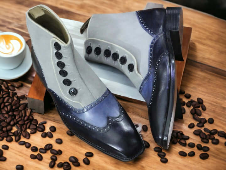 Men Handmade Button Top Boots, Two Tone Leather Boots, Blue Gray Boots