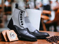 Men Handmade Button Top Boots, Two Tone Leather Boots, Black Gray Boots, Leather Party Boots