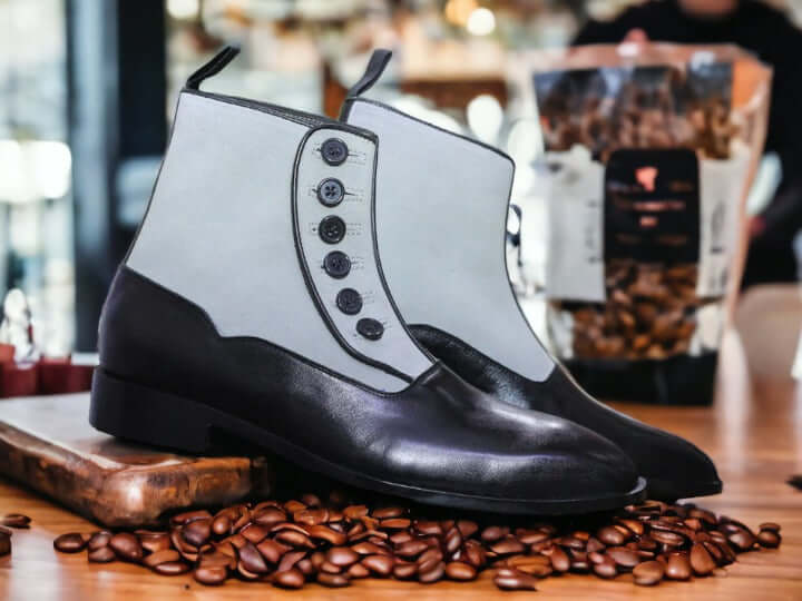 Men Handmade Button Top Boots, Two Tone Leather Boots, Black Gray Boots, Leather Party Boots