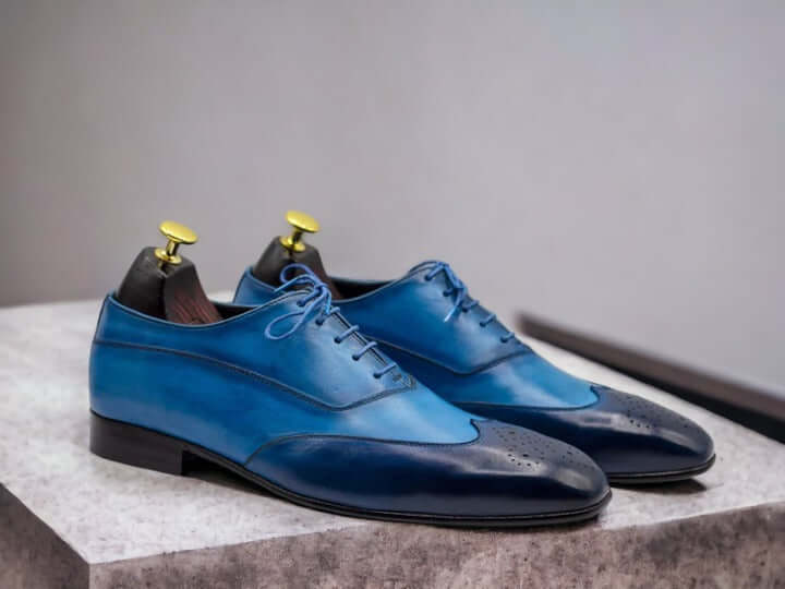 Handmade Men's Wing Tip Brogue Shoes, Blue Brogue Toe Shoes, Lace Up Party shoes, Bespoke Shoe