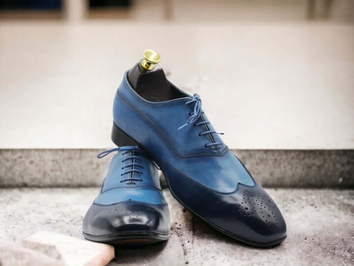 Handmade Men's Wing Tip Brogue Shoes, Blue Brogue Toe Shoes, Lace Up Party shoes, Bespoke Shoe