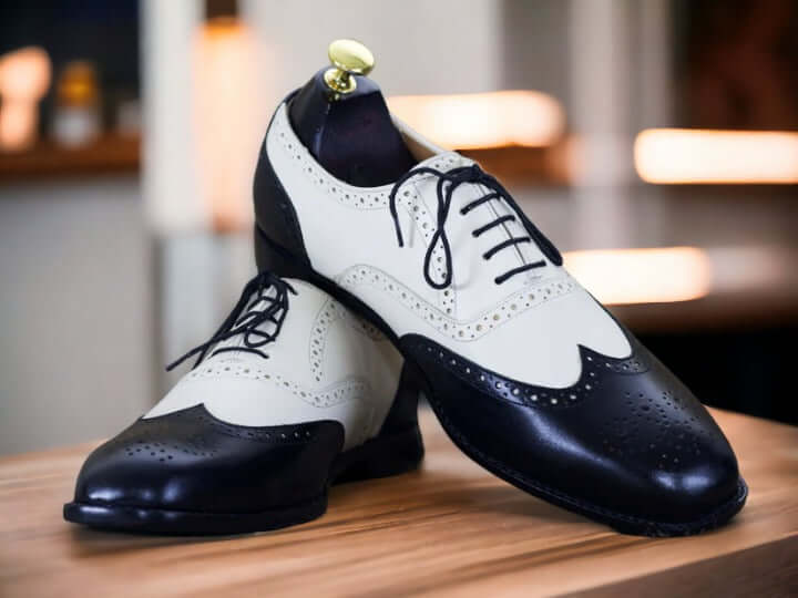 Handmade Men's Wingtip Oxford Shoes, Dress Leather Shoes, Elegant white wingtips