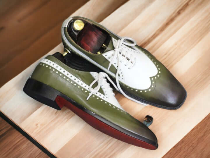 Handmade Men's Wingtip Oxford Shoes, Green White Leather Shoe, Elegant Green Brogue