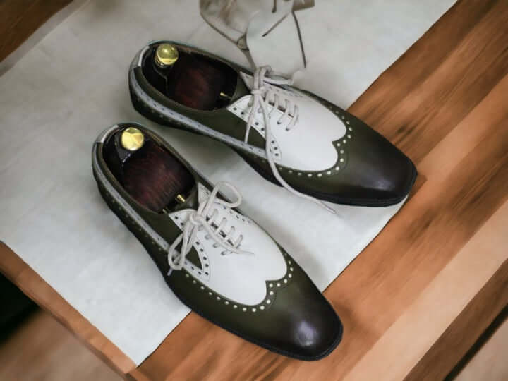 Handmade Men's Wingtip Oxford Shoes, Green White Leather Shoe, Elegant Green Brogue