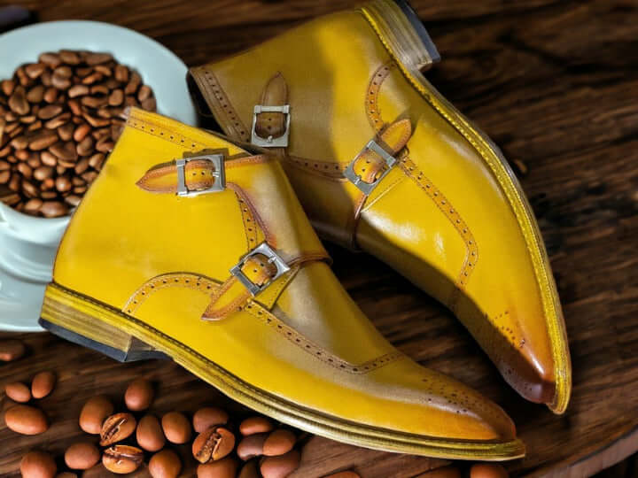 Handmade Musturd Colour Double Buckle and Brogue Toe Leather Boot