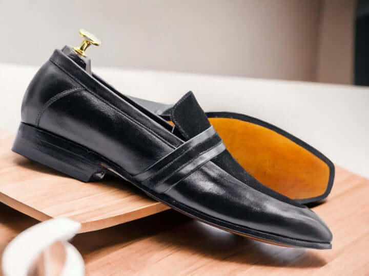 Handmade Round Toe Black Leather Suede Slip-On Loafers, Stylish Men's Dress Shoes