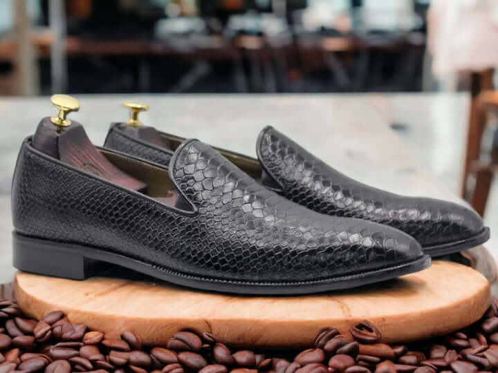 Handmade Pure Black Python Texture Leather Whole Cut Slip On Loafers