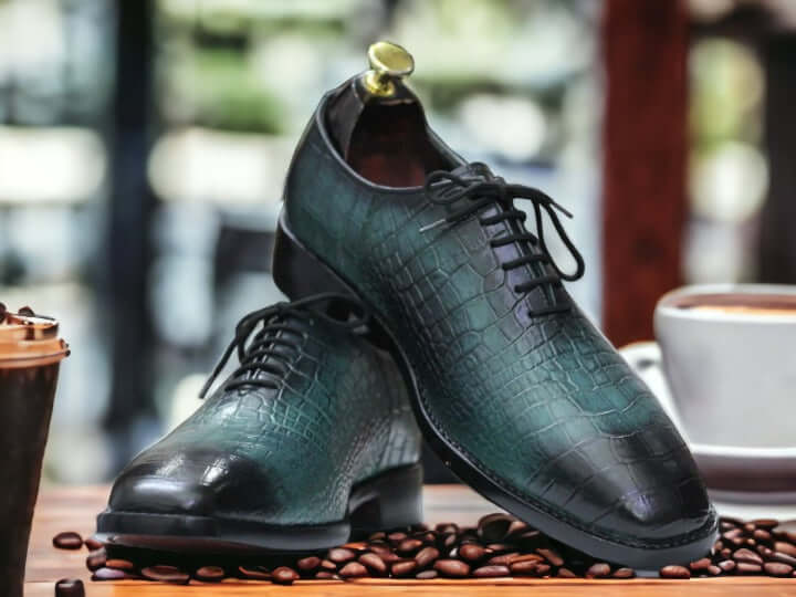 New Stylish Sea Green Alligator Lace Up Shoes, Handmade Shoes, Office Dress Shoes