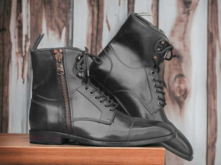 Men's Brown Genuine Leather Boots, Men's Military Boots Long Leather Combat Boots