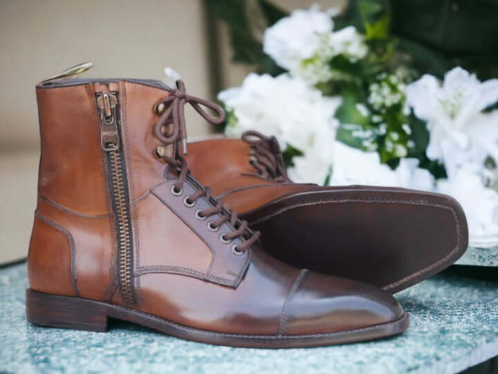 Men's Brown Genuine Leather Boots, Men's Military Boots Long Leather Combat Boots