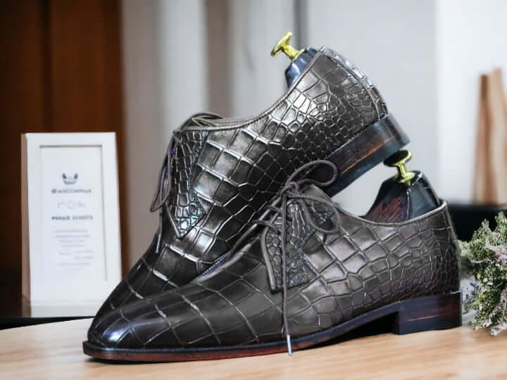 Men's Cow Leather Black Alligator Lace Up Shoes, Handmade Men's Party Wear Shoes