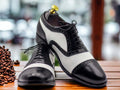 Men's Hand Stitched Black & White Cap Toe Leather Shoes, Lace Up Shoes, Men's Dress Shoes