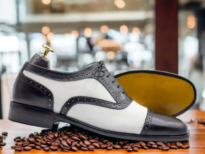 Men's Hand Stitched Black & White Cap Toe Leather Shoes, Lace Up Shoes, Men's Dress Shoes