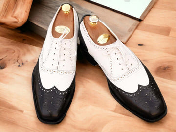 Men's Handmade Black And White Wing Tip Leather Lace Up Dress Shoes