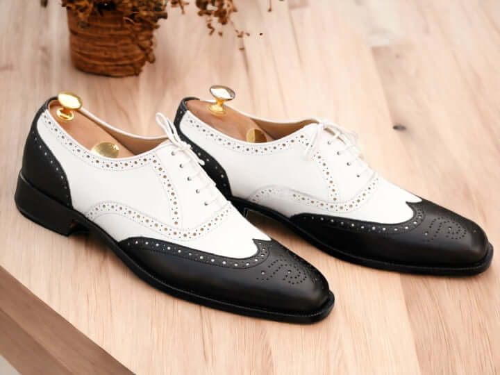 Men's Handmade Black And White Wing Tip Leather Lace Up Dress Shoes