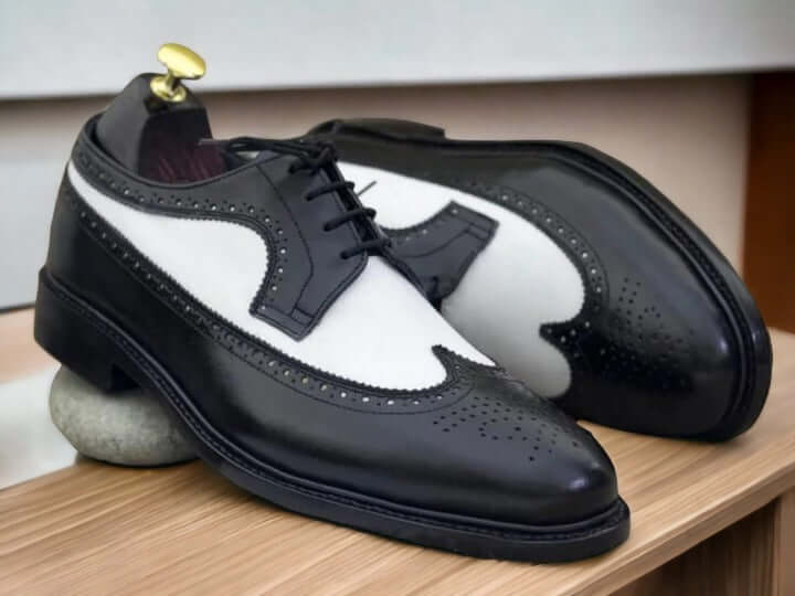 Black White Wing Tip Derby Shoes, Classic Style Men Dress Shoes , Genuine leather