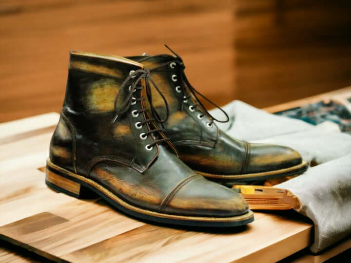 Expertly crafted with bespoke handmade rub off leather, these brown exotic cap toe boots are the epitome of luxury and style. Made with a Goodyear welt construction, you can count on these ankle high boots for superior durability and comfort. Elevate your wardrobe with these exquisite boots.