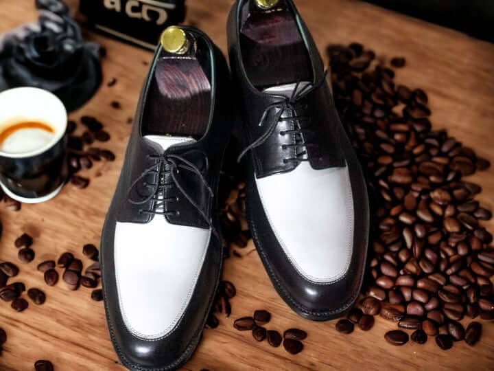 Bespoke Black and White Lace Up Leather Shoes, Formal and Classic Shoes for Men's