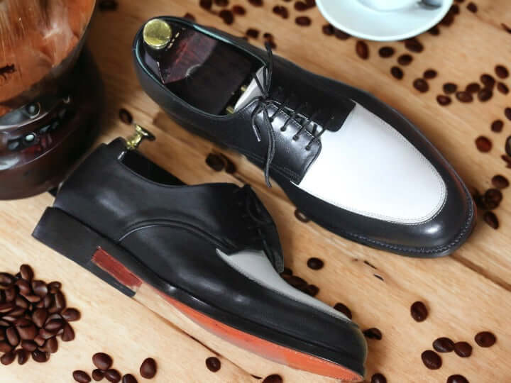 Bespoke Black and White Lace Up Leather Shoes, Formal and Classic Shoes for Men's