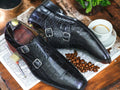 Bespoke Black Alligator Texture Double Buckle Leather Shoes, Classic and Stylish Shoes for Men's