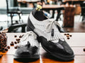 Men's Black White Fringe Shoes, Handmade Leather Wing Tip Lace Up Shoes,Dress Shoes