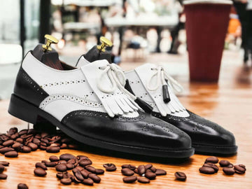 Men's Black White Fringe Shoes, Handmade Leather Wing Tip Lace Up Shoes,Dress Shoes