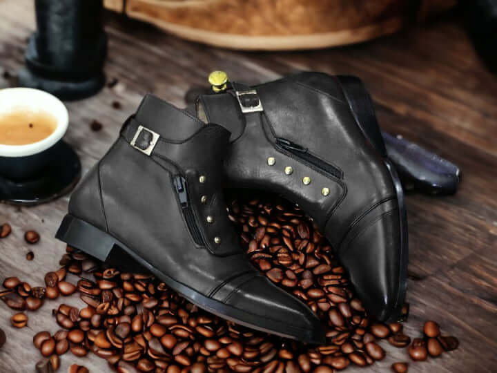 Hanmade Men Buckle Side Zipper Leather Boot, Fashion Boot, Luxury Boot