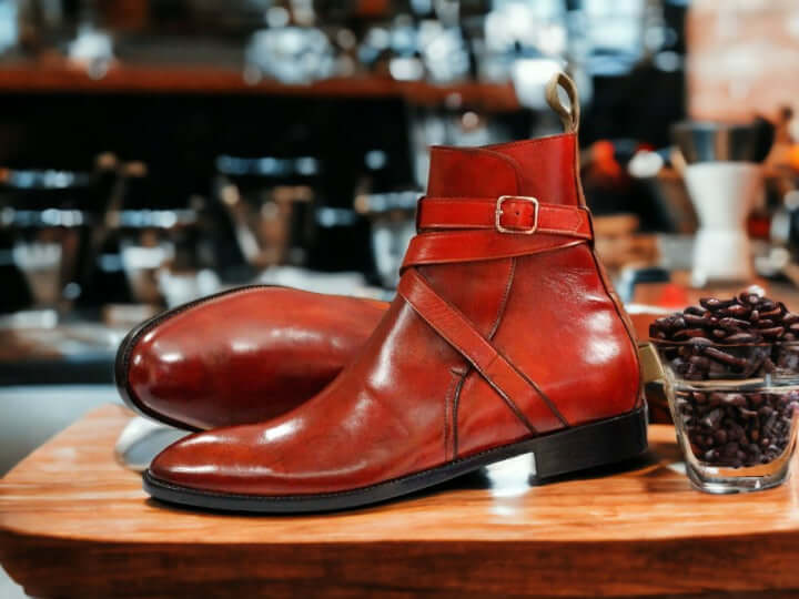 Men Handmade Red Leather Boots, Jodhpurs Ankle Boots, Dress Stylish Buckle Boots