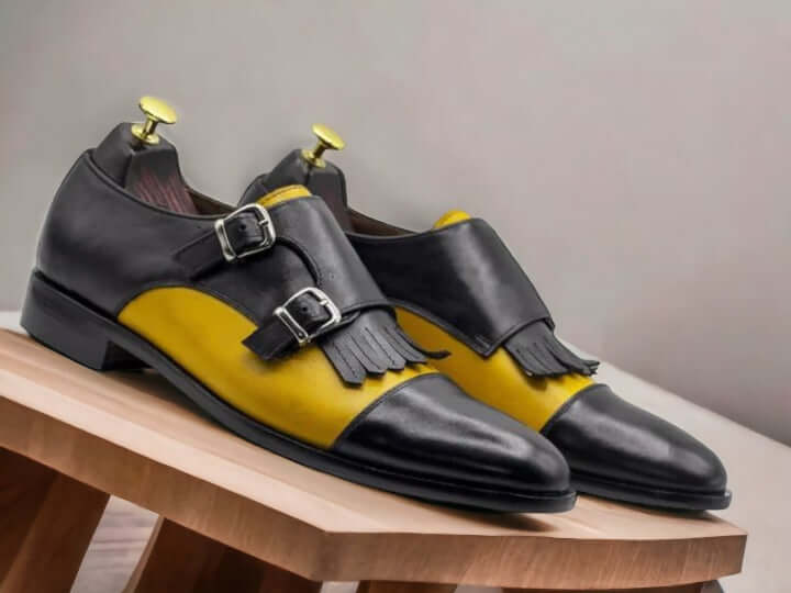 Men's Two Tone Monk Shoes, Buckle Strap & Yellow Back Fringe, Cap Toe Leather Shoe