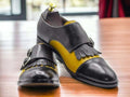 Men's Two Tone Monk Shoes, Buckle Strap & Yellow Back Fringe, Cap Toe Leather Shoe