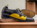 Men's Two Tone Monk Shoes, Buckle Strap & Yellow Back Fringe, Cap Toe Leather Shoe